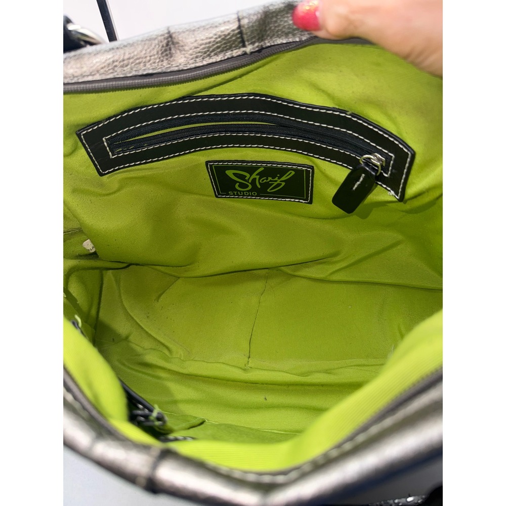 Sharif Studio Metallic Pewter Leather Shoulder Bag Black Trim Lime Green Lining - Picture 7 of 10